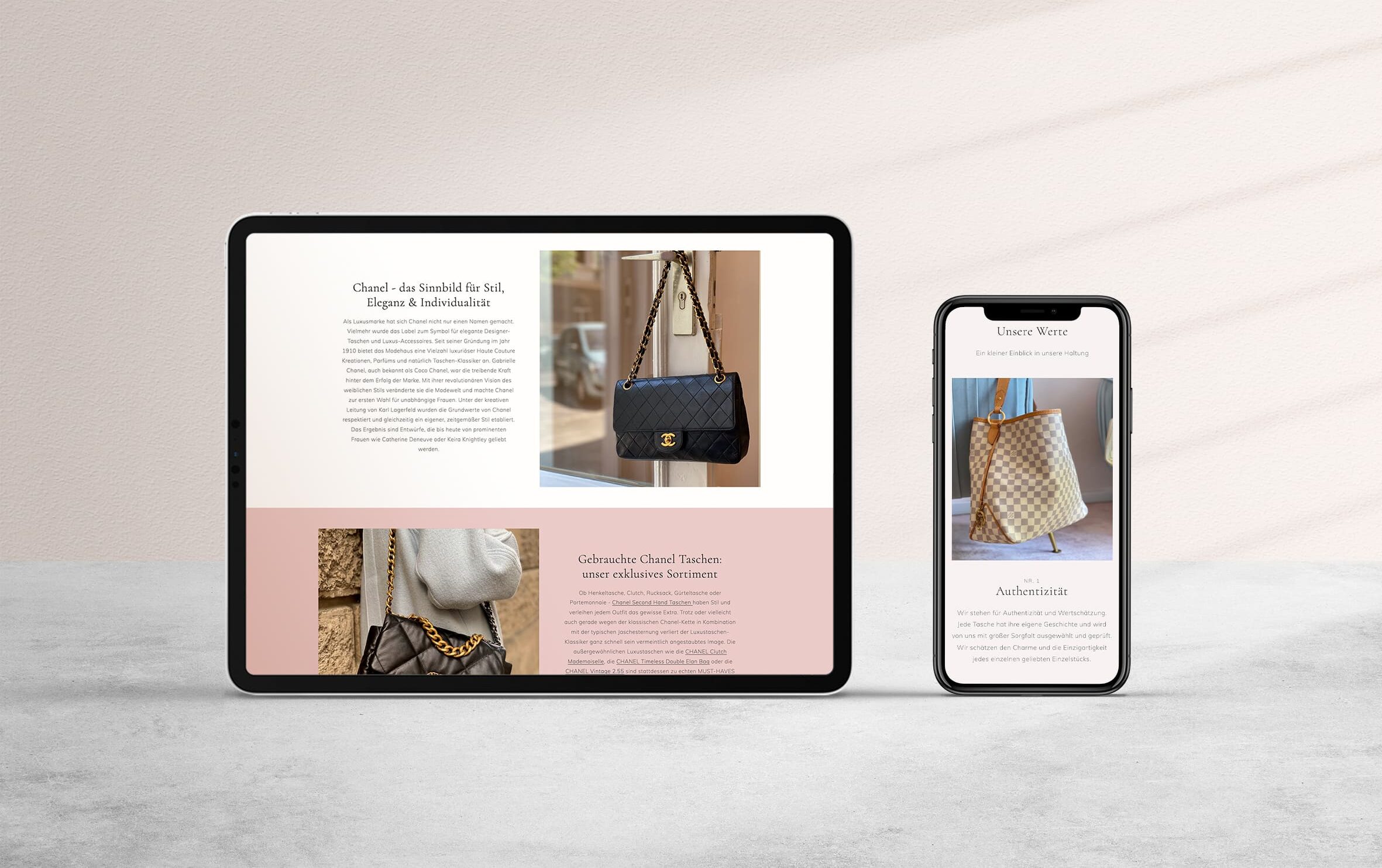 Webdesign für nachhaltigen Luxus: Website für Second-Hand Chanel-Taschen auf Tablet und Smartphone – hochwertige Mode im digitalen Shop.