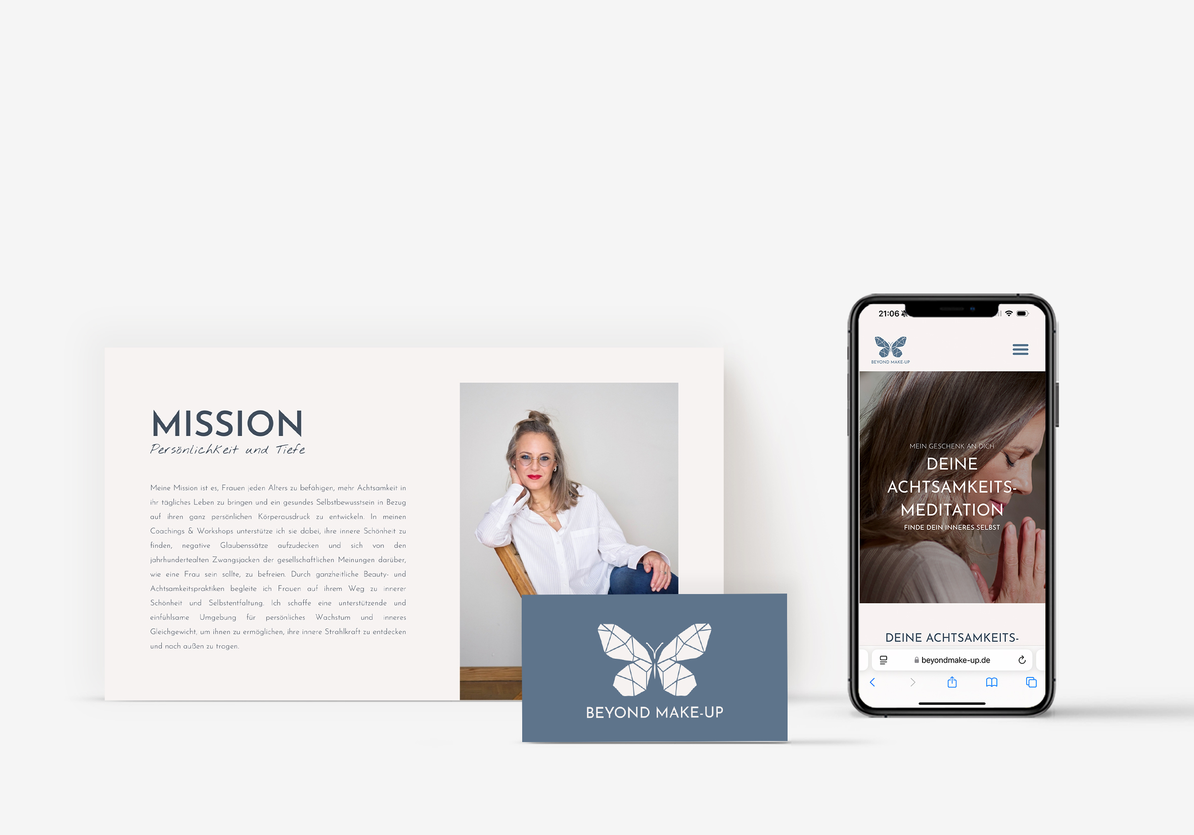 Branding-Präsentation für Beyond Make-Up mit Mission-Statement und Fokus auf Achtsamkeit und Selbstbewusstsein.