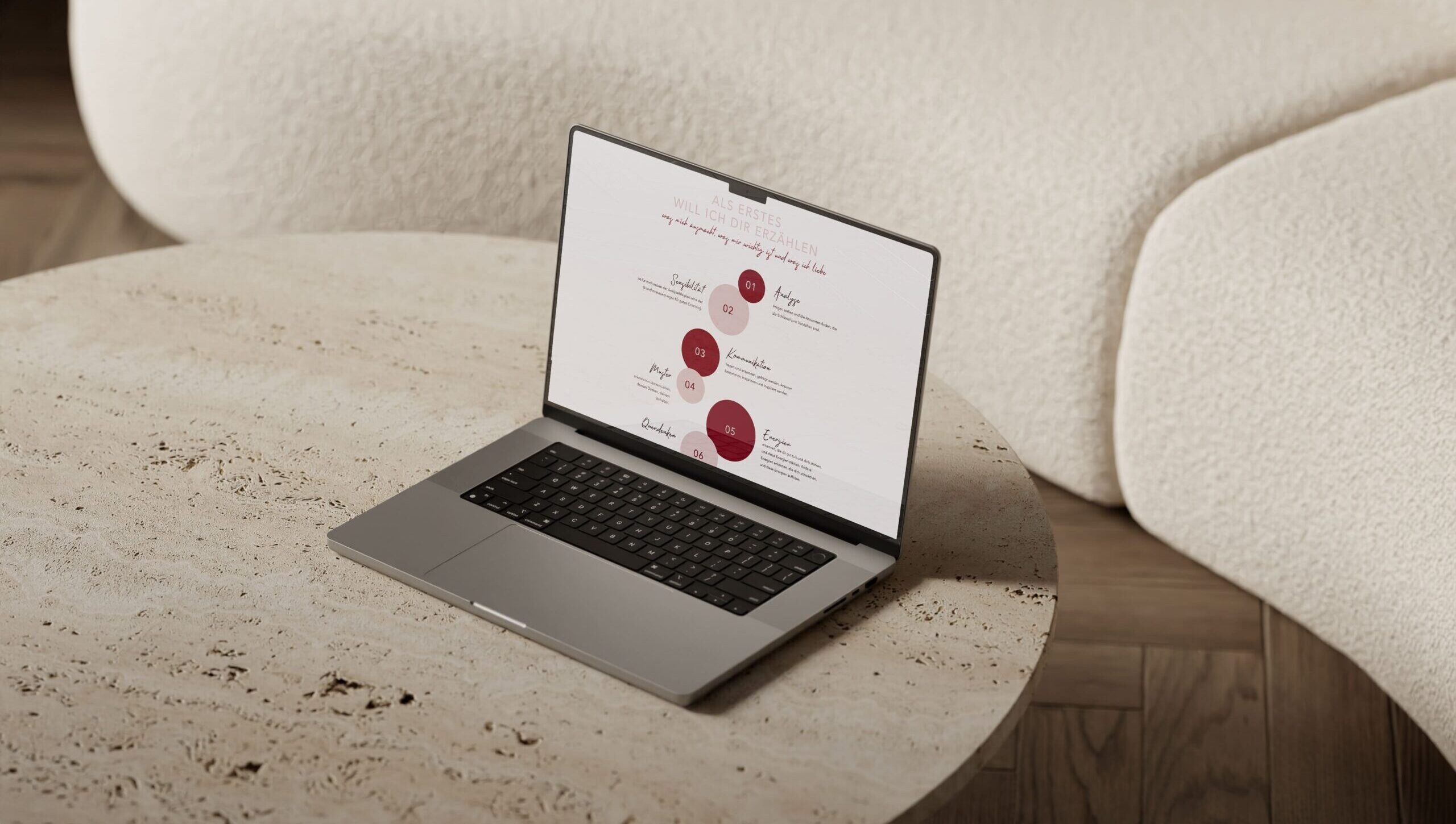Mockup einer von Susanna Niklas | Sun Creations gestalteten Website für Life Coach Claudia Niklas. Darstellung eines Abschnitts mit Coaching-Prinzipien in einem klaren, harmonischen Design.